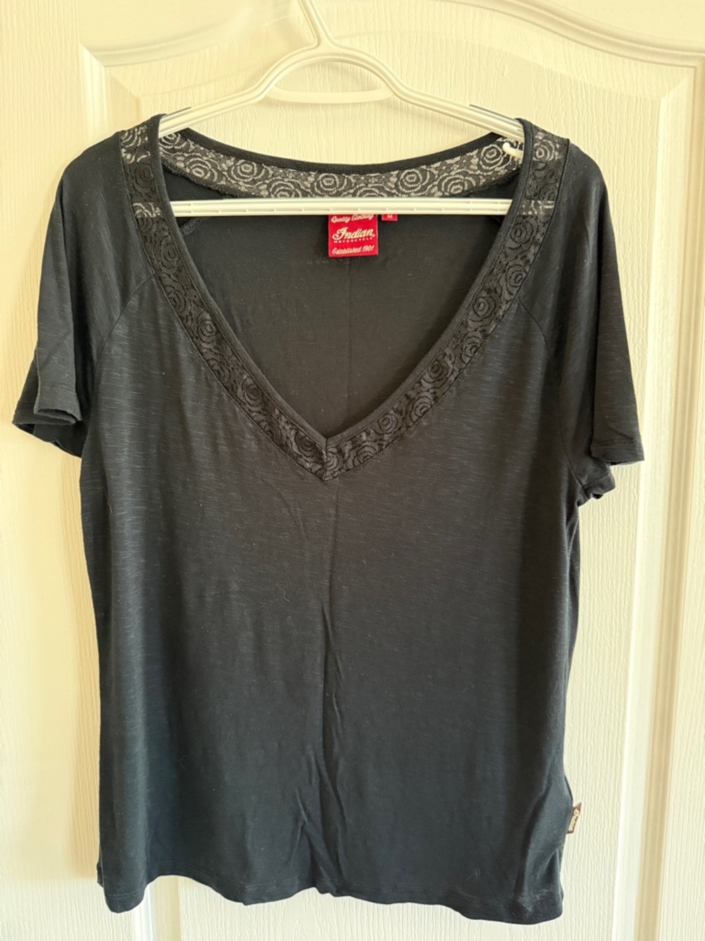 Indian Motorcycle Women's Black V-Neck Short Sleeve Tee with Embroidered Trim